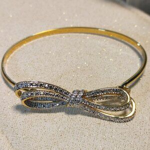Gold Prime Art Jewel Ribbon Bow Bangle Bracelet Stamped PAJ BB Bow Rhinestone